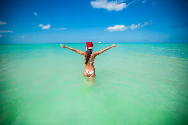 Vista posterior de la hermosa mujer joven en sombrero de santa — Foto de Stock