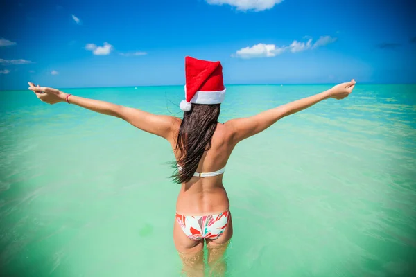 Vista posteriore di bella ragazza in cappello di Babbo Natale a piedi come un uccello — Foto Stock