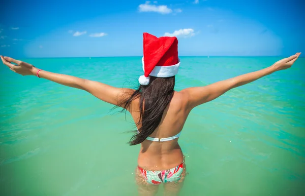 Vista posteriore di bella ragazza in cappello di Babbo Natale a piedi come un uccello — Foto Stock