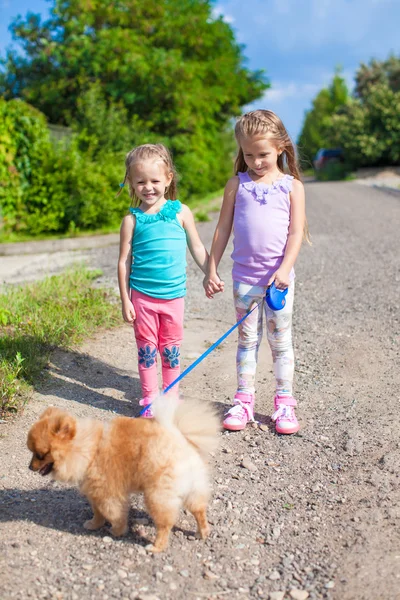 Dos niñas caminando con un perro pequeño con correa al aire libre —  Fotos de Stock