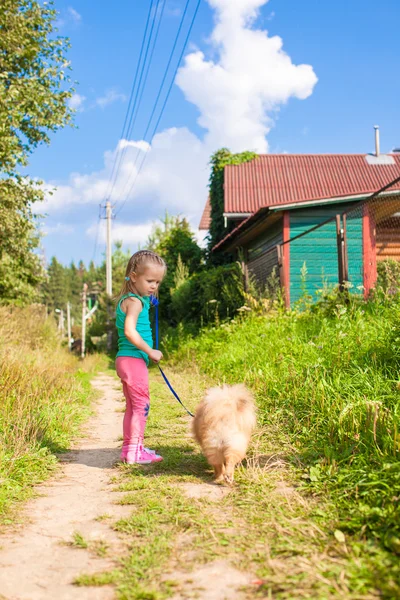 Pequena menina andando com o seu filhote de cachorro em uma trela — Fotografia de Stock