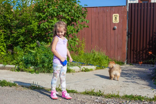 Pequena menina andando com o seu filhote de cachorro em uma trela — Fotografia de Stock