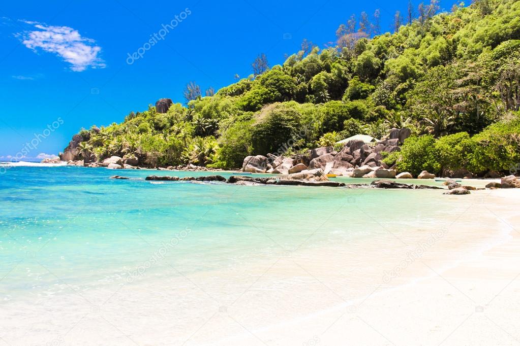 Beautiful turquoise exotic tropical beach at Seychelles