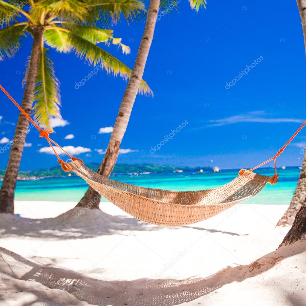 Straw hammock in the shadow of palm on tropical beach by sea