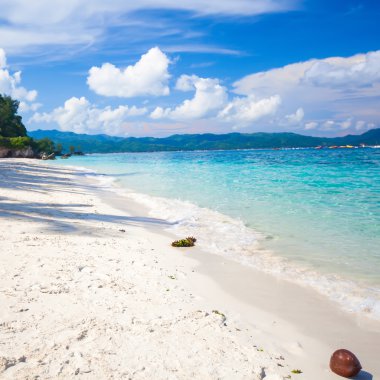 Turkuaz suyu ve beyaz kumu olan mükemmel bir tropik plaj.