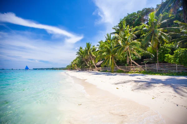 Tropische perfecte strand met groene palmen, witte zand en turquoise water — Stockfoto