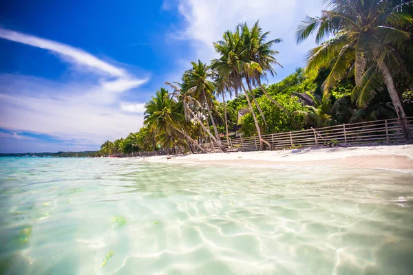 Tropische perfecte strand met groene palmen, witte zand en turquoise water — Stockfoto