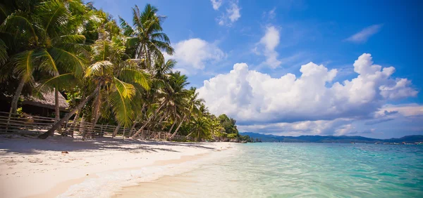 Panoramic view of perfect beach with green palms, white sand and turquoise water — стоковое фото