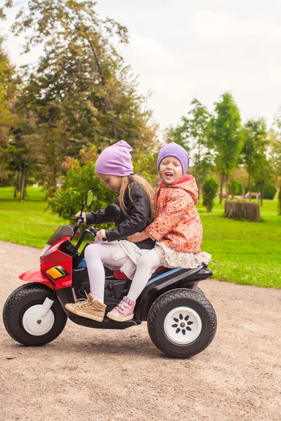 Yeşil park bisiklet üzerinde oturan küçük mutlu sevimli kız kardeşler — Stok fotoğraf