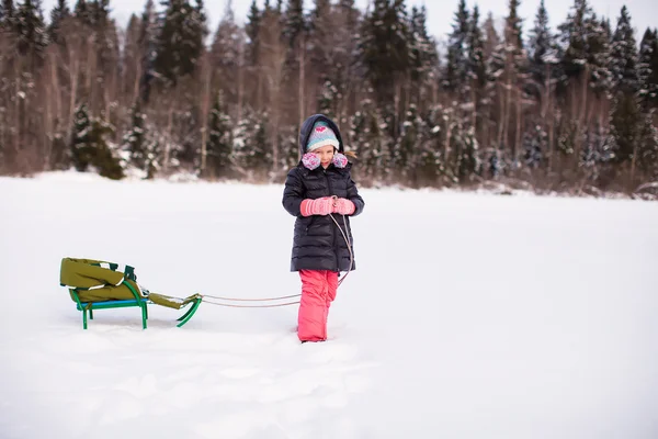 Kleines Mädchen trägt ihre Schlittenfahrt im Schnee — Stockfoto