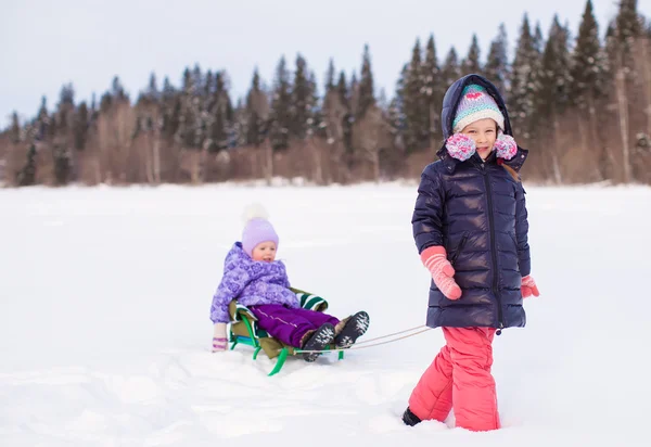 Adorable little happy girl sledding her sister — Stock Photo, Image