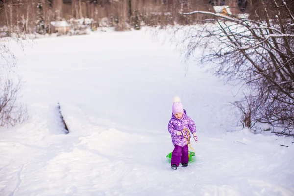 Little girl pulls a sled in warm winter day — Stock Photo, Image