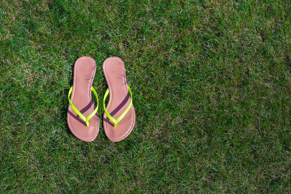 Closeup of bright flip flops and legs on green grass — Stock Photo, Image