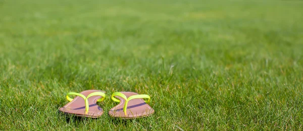 Närbild av ljusa flip flops på grönt gräs — Stockfoto