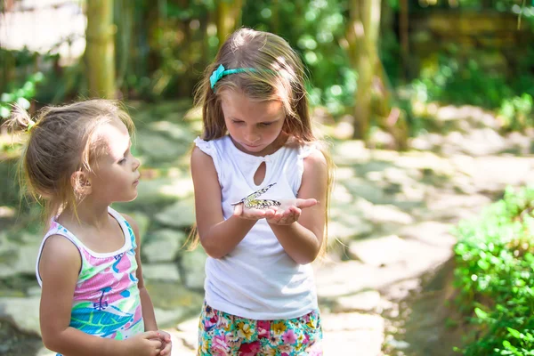 Δύο χαριτωμένος και αξιολάτρευτο μικρά κορίτσια στο πάρκο πεταλούδες — Φωτογραφία Αρχείου