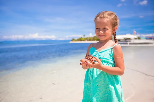 Little adorable girl with starfish in her hands at the tropical beach — Stock Photo, Image