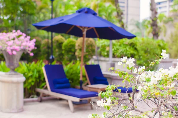 Due lettini blu con ombrelloni vicino alla piscina in hotel di lusso — Foto Stock