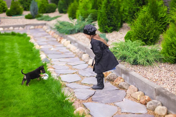 屋外の彼女の子犬と遊ぶかわいい女の子 — ストック写真