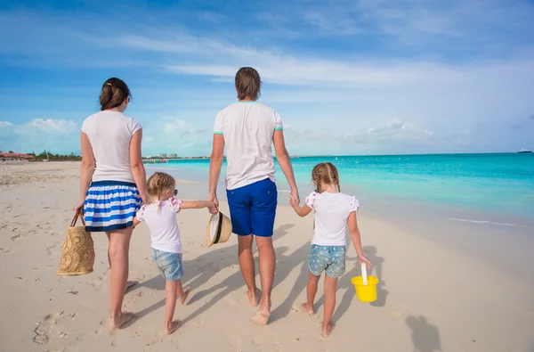 Vista posteriore di una giovane bella famiglia sulla spiaggia tropicale — Foto Stock