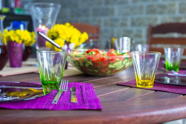 Closeup of beautiful color tableware for decorated table — Stock Photo, Image