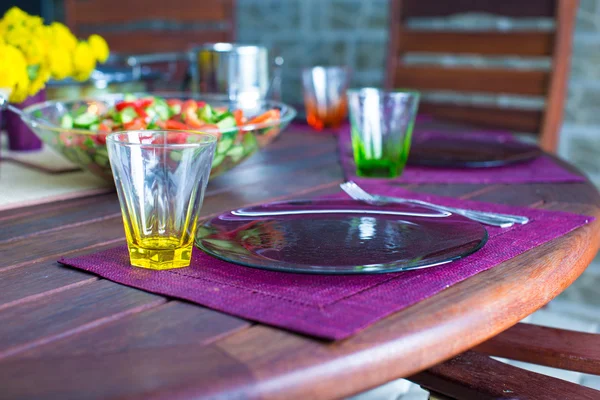 Closeup of beautiful color tableware for decorated table — Stock Photo, Image