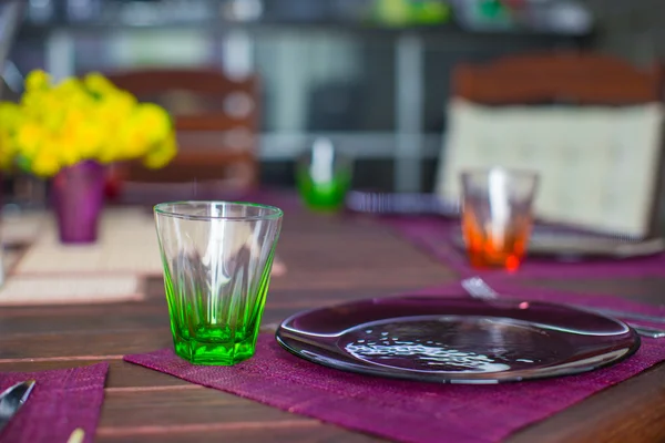 Closeup of beautiful color tableware for decorated table — Stock Photo, Image