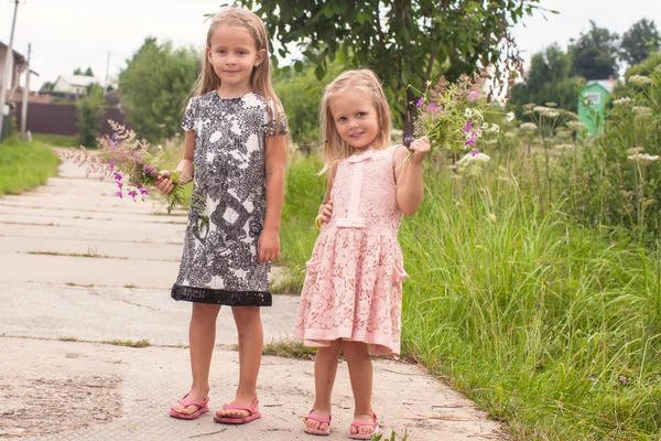 Petites filles adorables marchant en plein air avec des fleurs — Photo