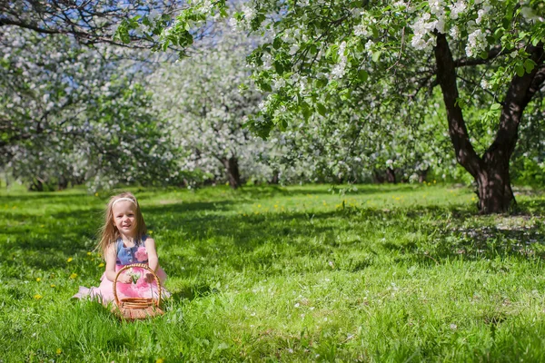 Adorable little girl with straw basket in blossoming apple orchard — Stock Photo, Image