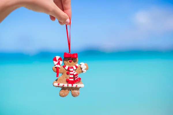 Christmas gingerbread man in hand against the turquoise sea — Stock Photo, Image