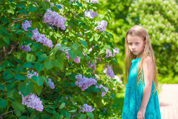 Bedårande liten flicka i blommande lila blomsterträdgård — Stockfoto