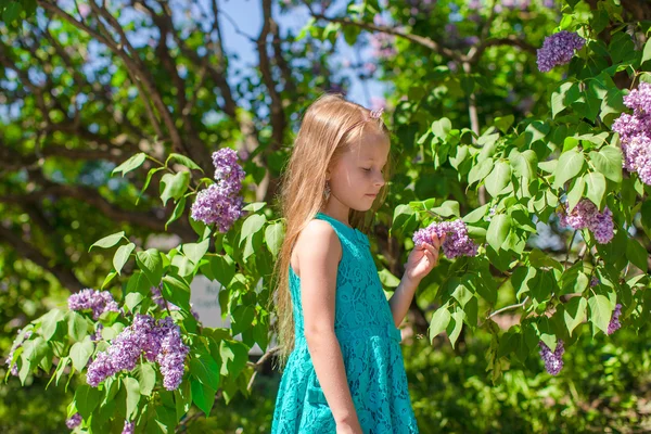 Entzückend glückliches kleines Mädchen in einem lila Blumengarten — Stockfoto