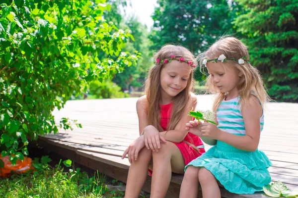 Meninas adoráveis felizes desfrutar de dia de verão jogar no parque — Fotografia de Stock
