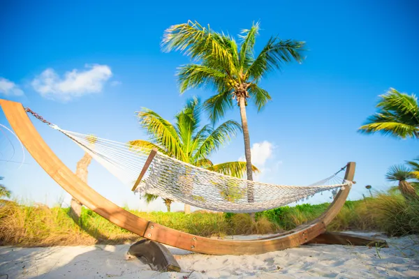 Hamaca romántica a la sombra de la palma en la playa tropical — Foto de Stock