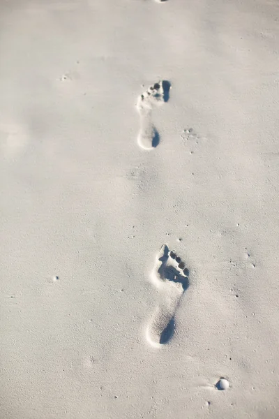 Menschliche Fußabdrücke auf weißem Sand der Karibik-Insel — Stockfoto