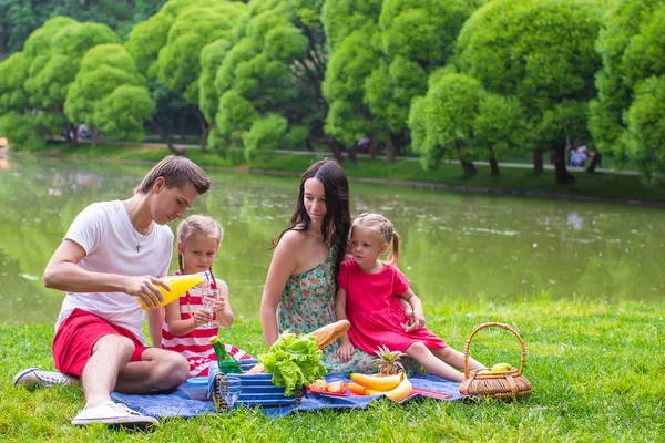 Familia joven feliz de cuatro picnic cerca del lago —  Fotos de Stock