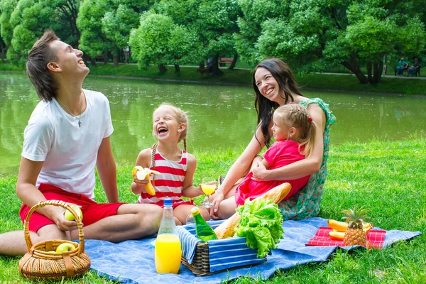 Szczęśliwy rodzinny piknik w parku i zabawy — Zdjęcie stockowe