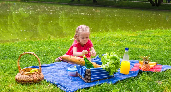 Rozkošná holčička na piknik venkovní poblíž jezera — Stock fotografie