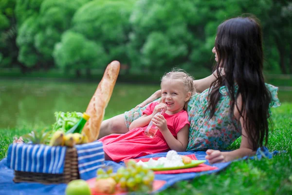 Bedårande liten flicka och glad mamma picknick i parken — Stockfoto