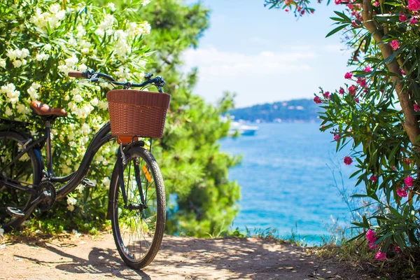 Hermosa bicicleta vintage con cesta en el fondo del Bósforo — Foto de Stock