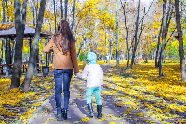 Jovem mãe e sua adorável filha andando no parque de outono amarelo — Fotografia de Stock