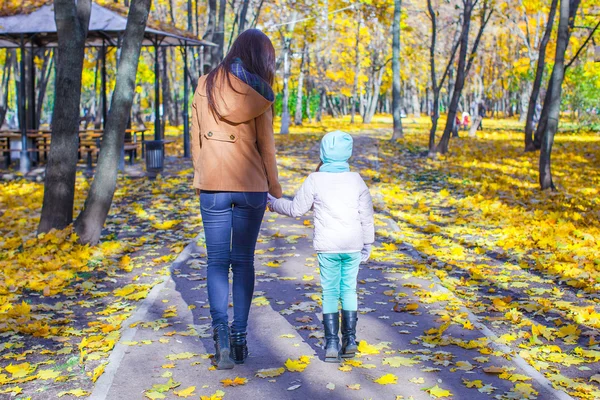 Bakifrån ung mamma och hennes bedårande dotter gå i gul höst park — Stockfoto