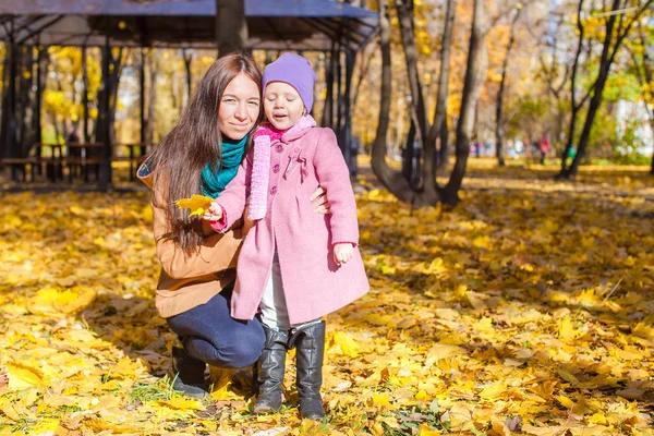 Küçük sevimli kız ve sarı sonbahar Park mutlu anne — Stok fotoğraf