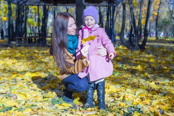 Porträtt av söt flicka och lycklig mamma i gula höst park — Stockfoto