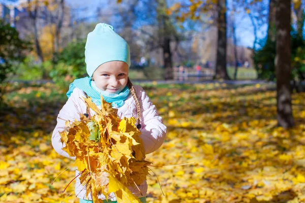 Cute little girl with yellow maple leaves outdoors at autumn park — Stock Photo, Image