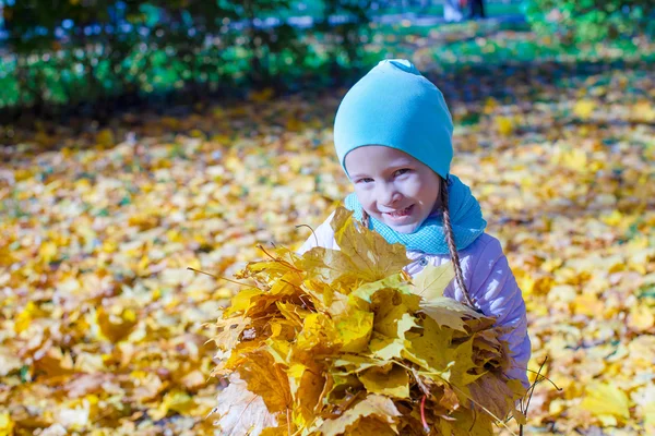 Adorable little girl with yellow maple leaves outdoors at autumn park — Stock Photo, Image