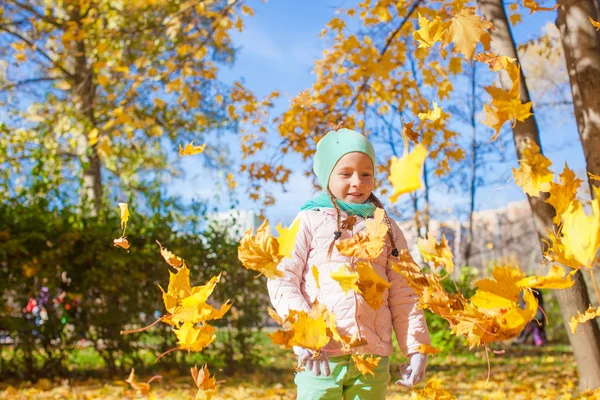 Cute little girl with yellow maple leaves outdoors at autumn park — Stock Photo, Image