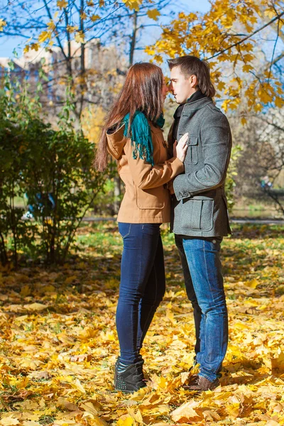 Junges Paar im Herbstpark an einem sonnigen Herbsttag — Stockfoto