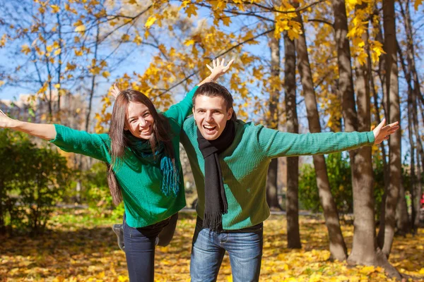 秋の公園で日当たりの良い秋の日の楽しみを持っている若いカップル — ストック写真