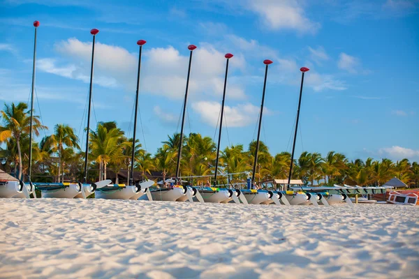 Group of catamarans with colorful sails on exotic Caribbean beach — Stock Photo, Image