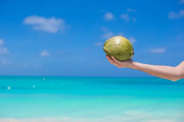 Close-up van de kokosnoot in handen achtergrond de turquoise zee — Stockfoto